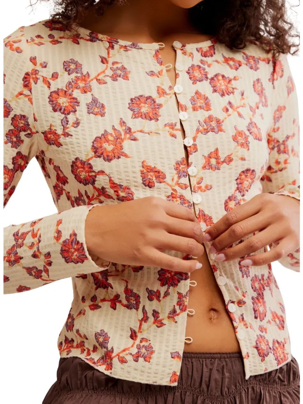Free People Cream Button-Front Top with Red-Orange Floral Print